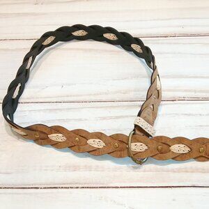 Womens 41" Brown Woven Leather Belt Gold Rivets Off White Crochet Braided Belt